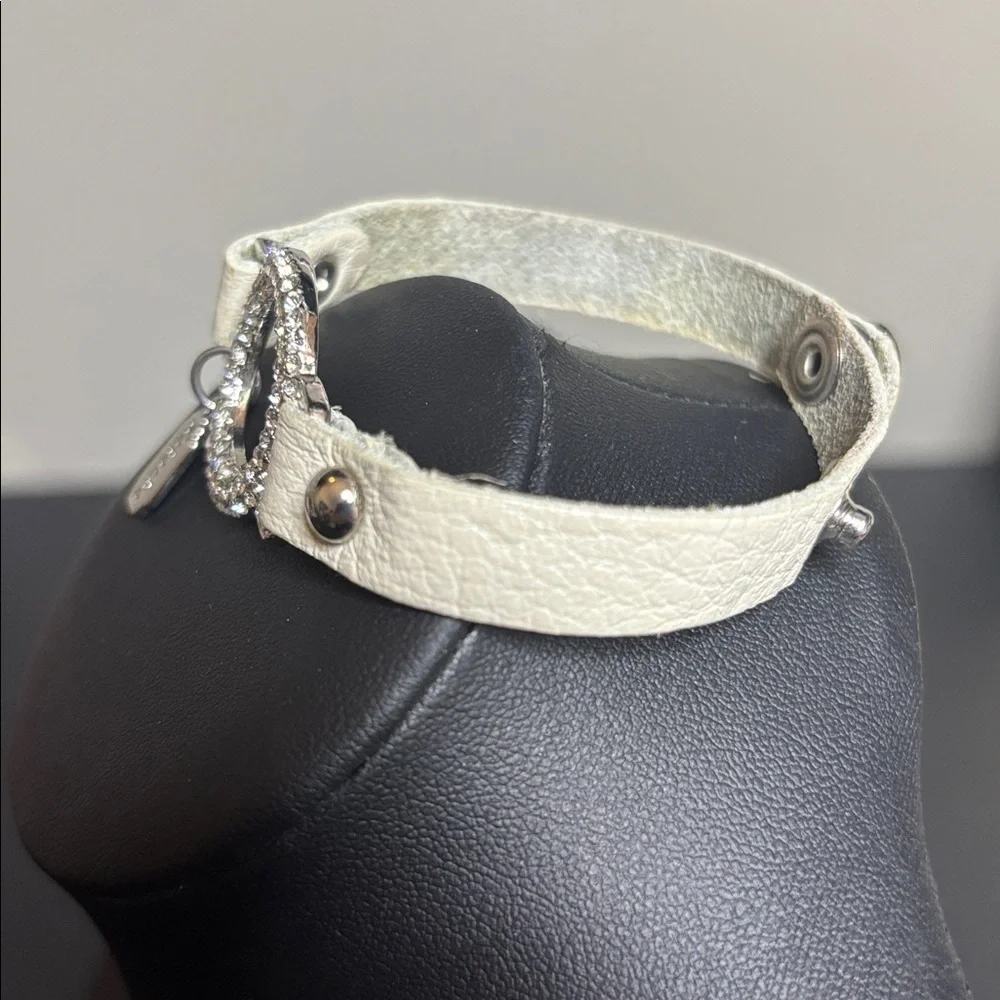 Natasha Couture Cream Leather Bracelet with Silver Crystal Circle